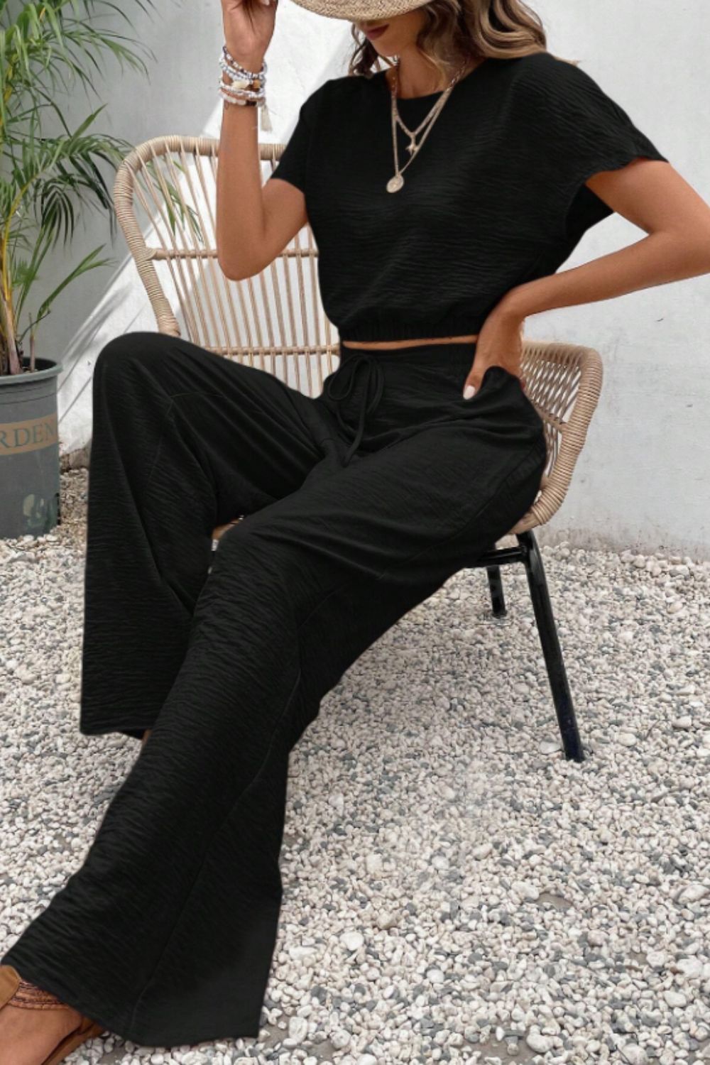 Cropped Short Sleeve Top and Pants Set