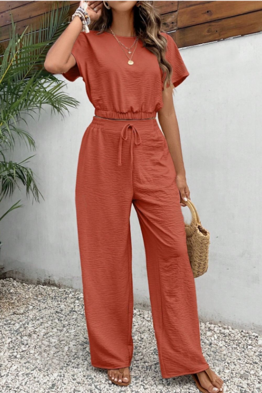 Cropped Short Sleeve Top and Pants Set