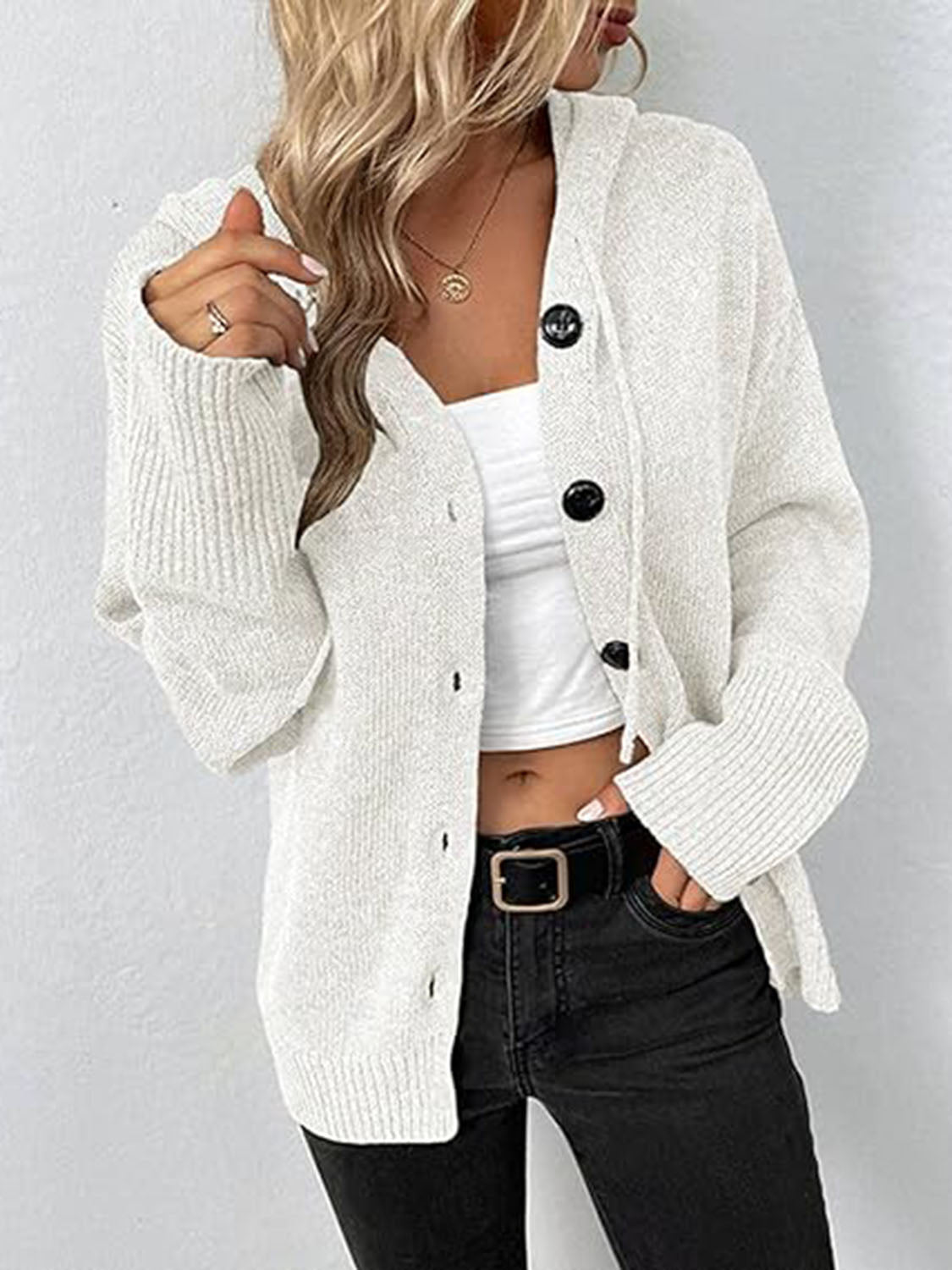 Button-Up Drawstring Hooded Cardigan