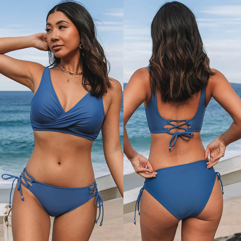 Mid-Waist Lace-Up Bikini Set