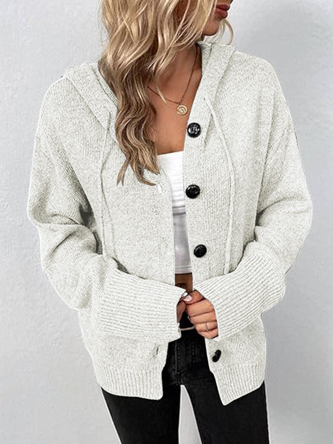 Button-Up Drawstring Hooded Cardigan