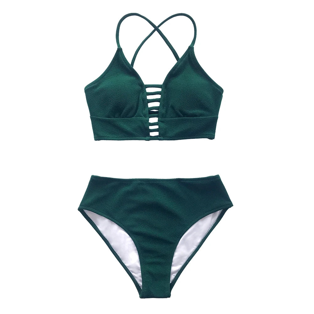 Lace Up Back Mid-Waist Bikini Sets Swimsuit