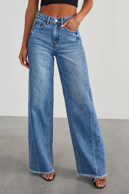 Raw Hem Wide-Leg Jeans with Pockets