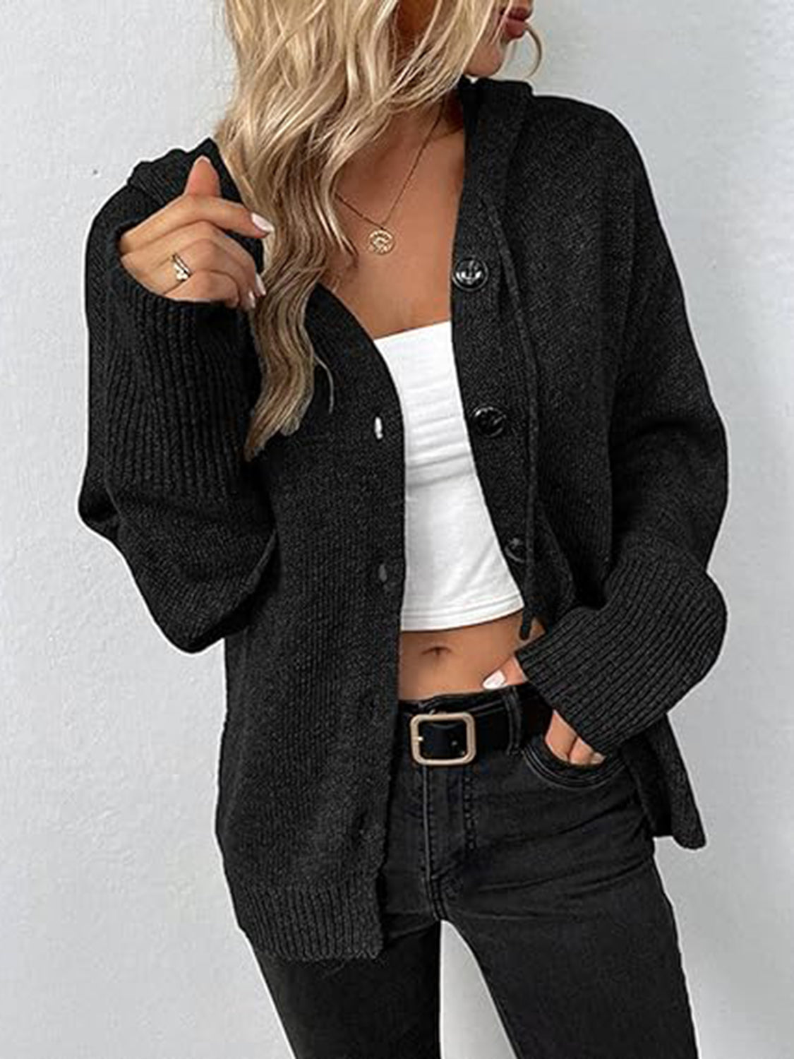 Button-Up Drawstring Hooded Cardigan