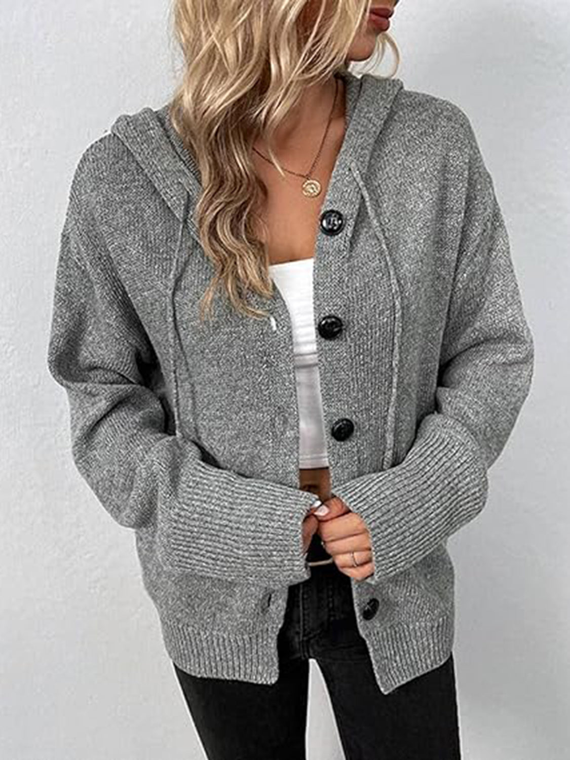 Button-Up Drawstring Hooded Cardigan