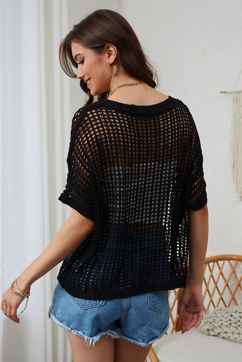 Openwork Half Sleeve Knit Cover Up