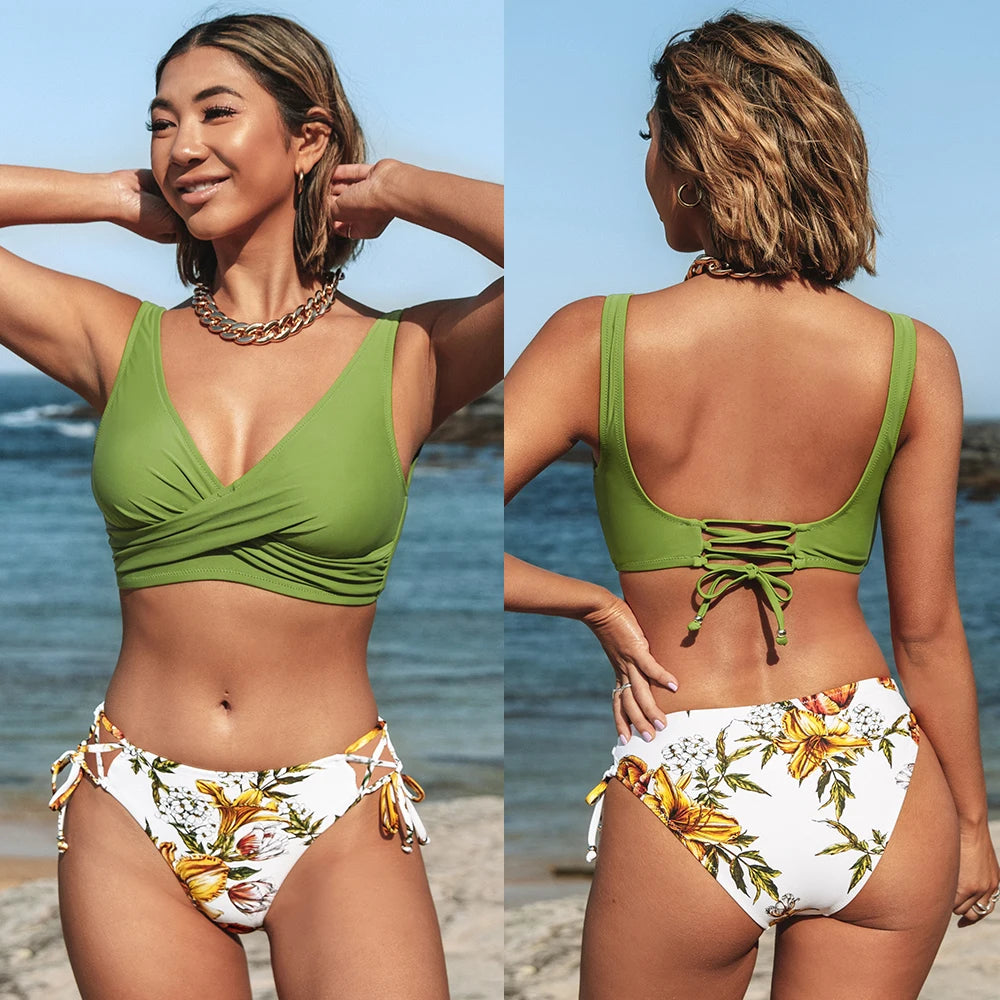 Mid-Waist Lace-Up Bikini Set