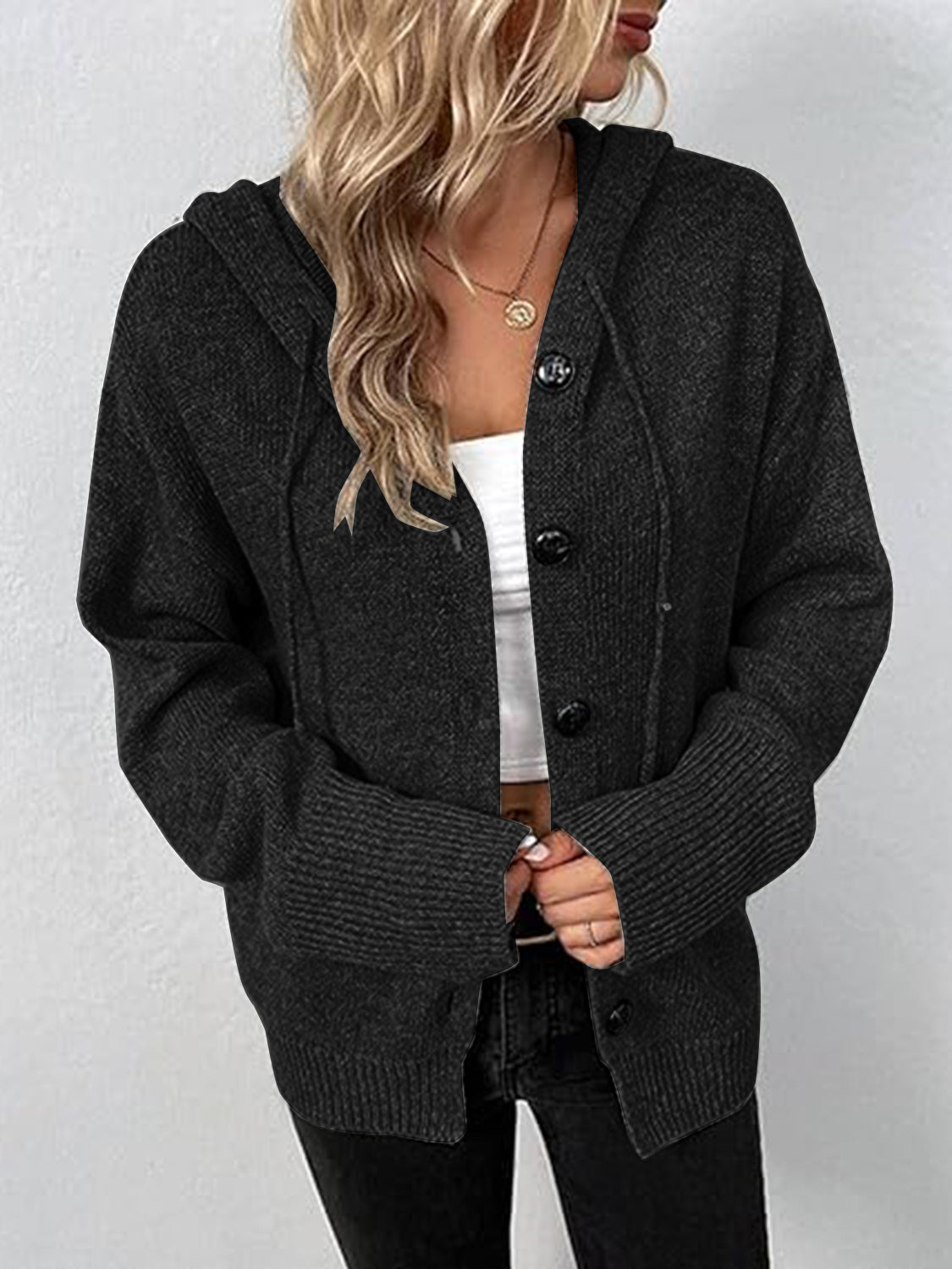 Button-Up Drawstring Hooded Cardigan