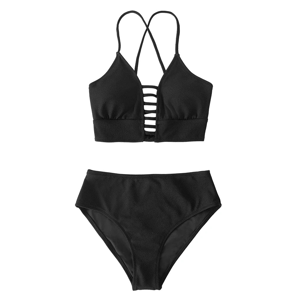 Lace Up Back Mid-Waist Bikini Sets Swimsuit