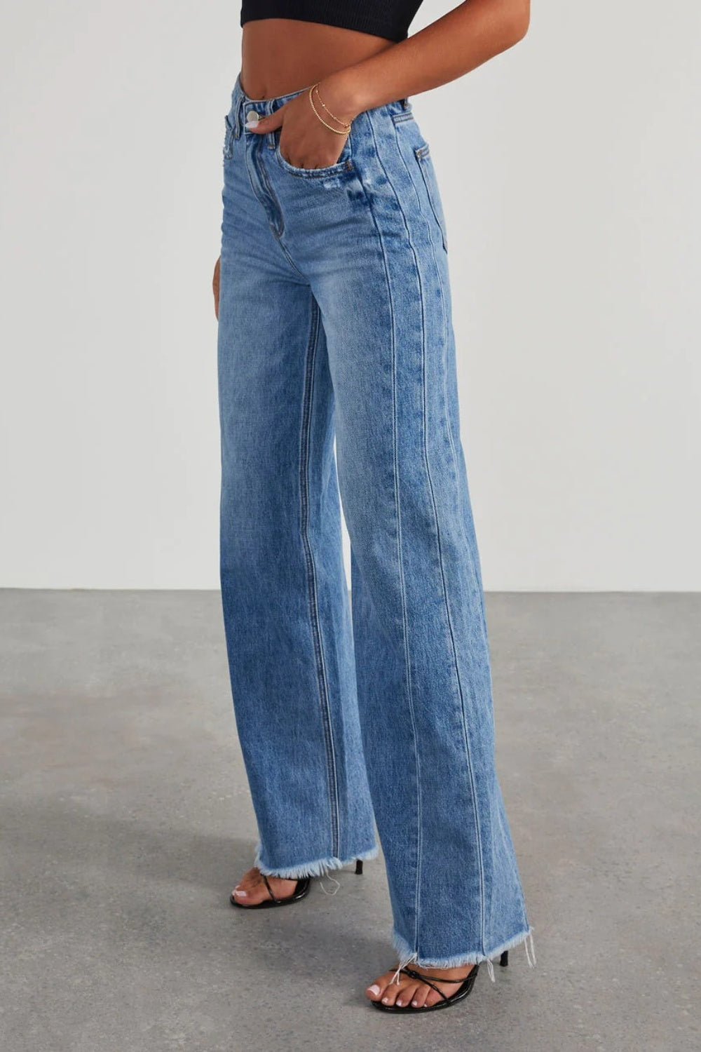 Raw Hem Wide-Leg Jeans with Pockets